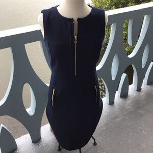 Tory Burch Navy Knee Length Front and Rear Zip Dress Wool Spandex Blend Lined